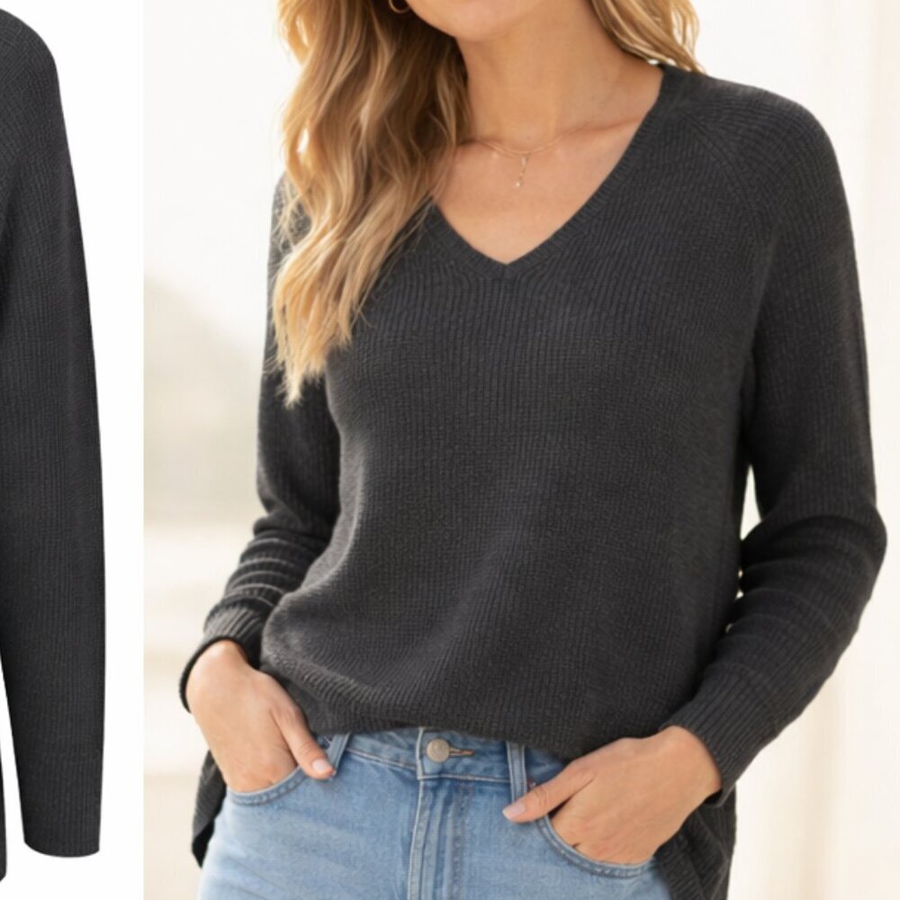 Athleta | Black Merino Wool Blend V-Neck Sweater | Small